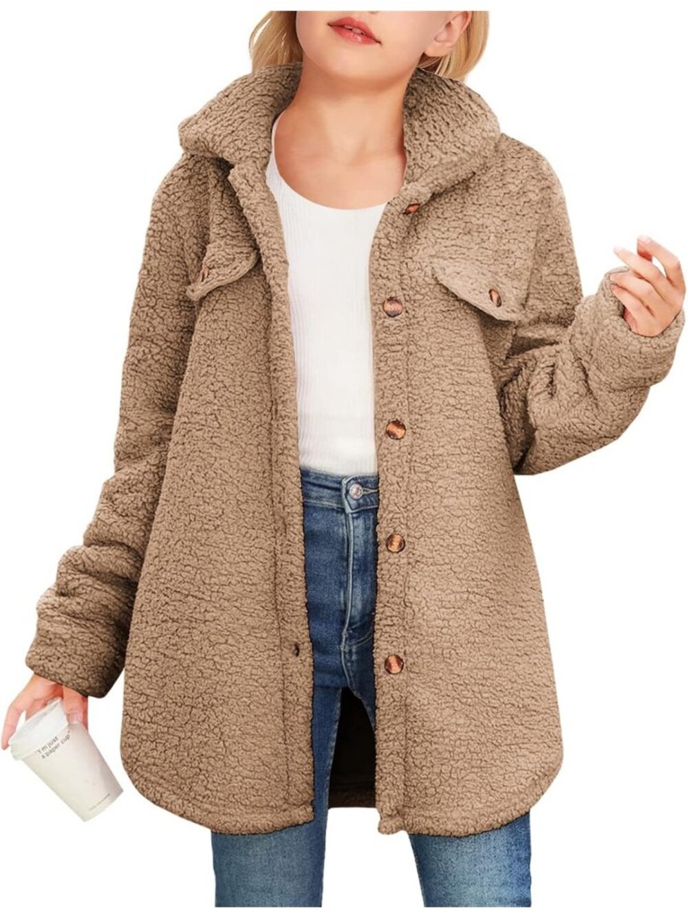 Kids Girl's Brown Polyester Casual Button Down Sherpa Faux Fur Fleece Jacket